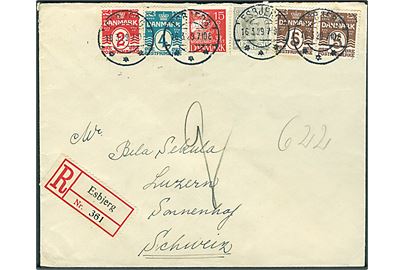 2 øre, 4 øre, 5 øre (2) Bølgelinie, 15 øre Karavel og 50 øre Chr. X på anbefalet brev fra Esbjerg d. 16.3.1929 til Luzern, Schweiz. Del af bagklap mgl.