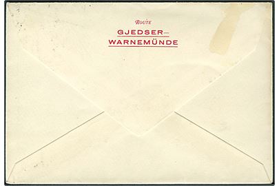 25 øre Karavel på fortrykt kuvert Route Gjedser-Warnemünde annulleret med bureaustempel Kjøbenhavn - Warnemünde T.71 d. 3.6.1930 til Berlin, Tyskland.