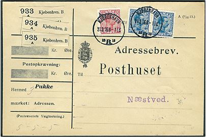 20 øre i parstykke og 50 øre Chr. X på adressebrev for 3 pakker fra Kjøbenhavn d. 21.3.1916 til Næstved.