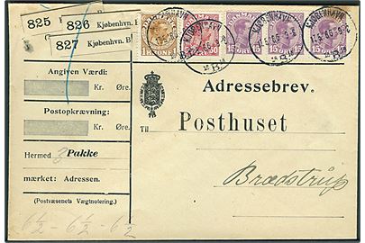 15 øre (3), 50 øre og 1 kr. Chr. X på adressebrev for 2 pakker fra Kjøbenhavn d. 17.5.1916 til Brædstrup. 1 mærke med rust.