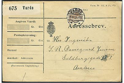 25 øre Chr. X single på adressebrev for pakke fra Varde d. 14.9.1918 til Aarhus.