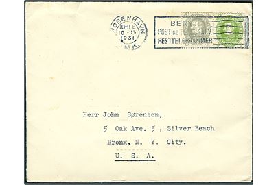 5 øre og 20 øre Chr. X 60 år på brev fra København d. 10.4.1931 til Bronx, USA.