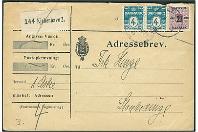 4 øre Bølgelinie i parstykke og 27/10 øre Provisorium på adressebrev for pakke fra Kjøbenhavn d. 10.9.1918 til Storehedinge.