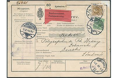 5 øre Chr. X og 100 øre Fr. VIII på internationalt adressekort for pakke med opkrævning fra Kjøbenhavn d. 12.12.1914 til Gurskø, Sundmør, Norge. Interessant liniestempel: via Frederikshavn.