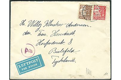 20 øre og 25 øre Karavel på luftpostbrev fra København d. 6.9.1943 til Bielefeld, Tyskland. Passérstemplet Ab ved den tyske censur i Berlin.