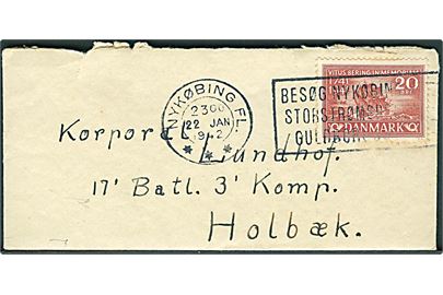 20 øre Vitus Bering på lille brev fra Nykøbing Fl. d. 22.1.1942 til soldat ved 17. Batl., 3. Komp. i Holbæk.