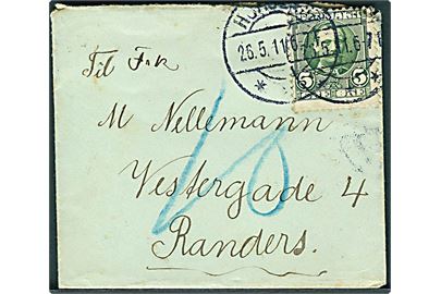 5 øre Fr. VIII single på underfrankeret miniature-kuvert (6½x7½ cm) fra Hjørring d. 26.5.1911 til Randers. Udtakseret i 10 øre porto.