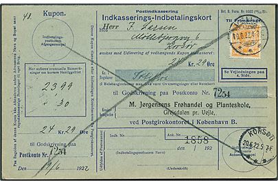 30 øre Chr. X på retur Indkasserings-Indbetalingskort fra Veile d. 19.6.1922 til Korsør.