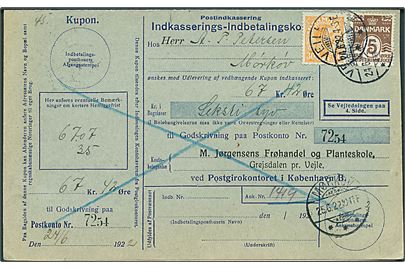 5 øre Bølgelinie og 30 øre Chr. X på retur Indkasserings-Indbetalingskort fra Veile d. 24.6.1922 til Mørkøv.