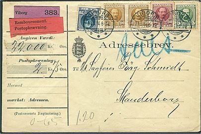 5 øre, 20 øre, 50 øre og 100 øre (par) Fr. VIII på 275 øre frankeret adressebrev for værdipakke med opkrævning fra Viborg d. 31.5.1910 til Skanderborg. Påskrevet Talt. Fold.