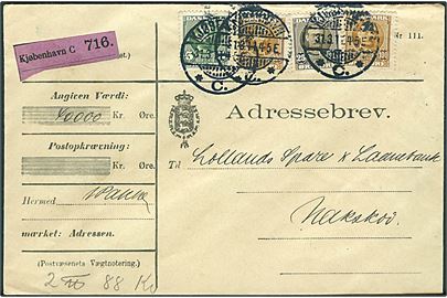 5 øre, 25 øre og 100 øre (2) Fr. VIII på adressebrev for værdipakke fra Kjøbenhavn d. 31.3.1911 til Nakskov.