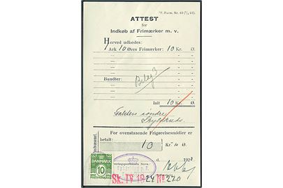 10 øre Bølgelinie annulleret med kontorstempel (krone) Nykjøbing p.F. Postkontor på Attest for indkøb af Frimærker m.v. F. Form. Nr. 43 (1/4 23). 