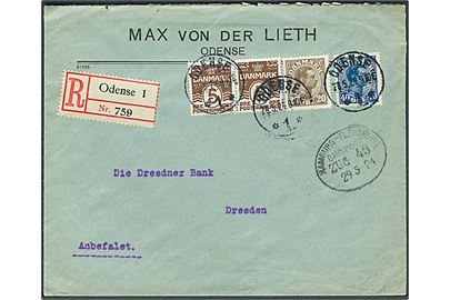 5 øre Bølgelinie i parstykke, 20 øre og 40 øre Chr. X på anbefalet brev fra Odense d. 28.5.1924 via tysk bureau Hamburg - Flensburg Zug 43 til Dresden, Tyskland.