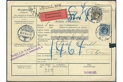 20 øre og 25 øre Fr. VIII på internationalt adressekort for pakke med opkrævning fra Kjøbenhavn d. 23.7.1910 til Trondhjem, Norge. Skade i højre side.