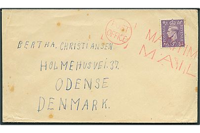 Engelsk 3d George VI annulleret med rødt skibsstempel Post Office / Martime Mail ca. 1945 fra sømand ombord på M/S Robert Mærsk i Liverpool, England til Odense, Danmark.