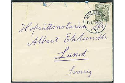 12 øre Chr. X single på brev fra Kjøbenhavn d. 11.3.1919 til Lund, Sverige. Rifter.