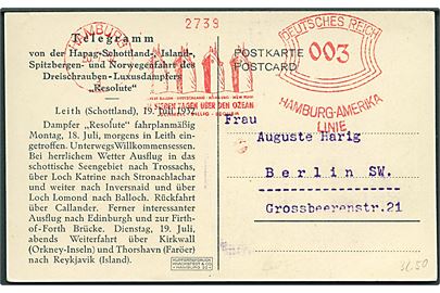 3 pfg. Hamburg-Amerika Linie på Telegram-kort med meddelelse fra Hapag Fjord- und Polarfahrt med S/S Resolute i Leith d. 19.7.1932 fra Hamburg d. 20.7.1932 til Berlin.