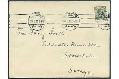 12 øre Chr. X single på skærgårds-brev fra Kjøbenhavn d. 28.2.1919 pr. Vaxholmsbåt til Hasseludden pr. Stockholm. 