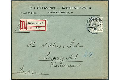 50 øre Chr. X single på anbefalet brev fra København d. 1.6.1928 til Leipzig, Tyskland.