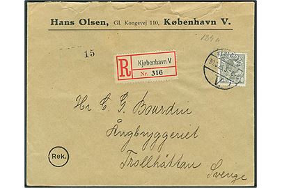 50 øre Chr. X single på anbefalet brev fra København d. 30.5.1925 til Trollhättan, Sverige.