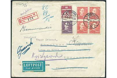 5 øre Bølgelinie, 10 øre og 20 øre (4) Chr. X på anbefalet luftpostbrev fra København d. 9.8.1943 til Cheminot, Frankrig. Retur som ubekendt. Åbnet af tysk censur i Berlin.