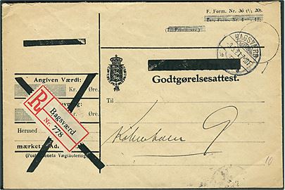 Adressebrev kuvert overtrykt Godtgørelsesattest F.Form Nr. 36 (1/1 20) sendt anbefalet fra Bagsværd d. 9.5.1921 til København 9. Usædvanlig formular.