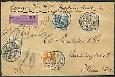 1 øre Bølgelinie, 20 øre og 25 øre (2) Chr. IX på 71 øre frankeret 2. vægtkl. værdibrev (400 kr.) fra Kolding d. 20.12.1906 til Hamburg, Tyskland. Brevporto 40 øre + anbefalingsgebyr 15 øre + assurancebegyr (4 øre pr. 300 frank) 16 øre = 71 øre. 