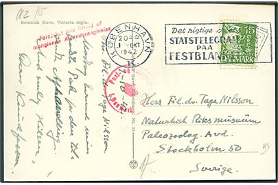 15 øre Karavel på brevkort fra København d. 1.10.1942 til Stockholm, Sverige. Dansk censur og stempel: Forsinket paa Grund af manglende Afsenderangivelse.