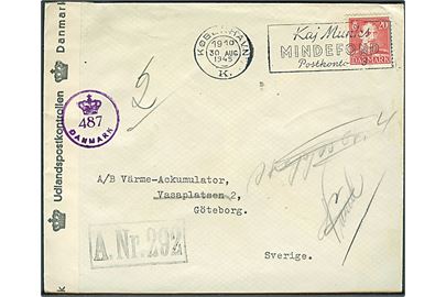 20 øre Chr. X på brev fra København d. 30.8.1945 til Göteborg. Sort Licens-stempel: A.Nr.292. Åbnet af dansk efterkrigscensur (krone)/487/Danmark. Eftersendt med flere stempler.