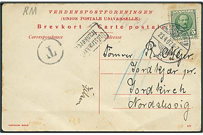 5 øre Fr. VIII på underfrankeret brevkort fra Kjøbenhavn d. 23.4.1907 til Jordkirch, Nordslesvig. Udtakseret i porto med T og rammestempel Utilstrækkelig frankeret og påskrevet 10 pfg. tysk porto.