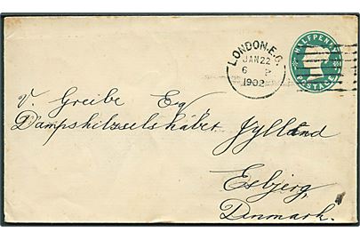 ½d Victoria helsags-tryksagskuvert fra London d. 22.1.1902 til Esbjerg, Danmark.