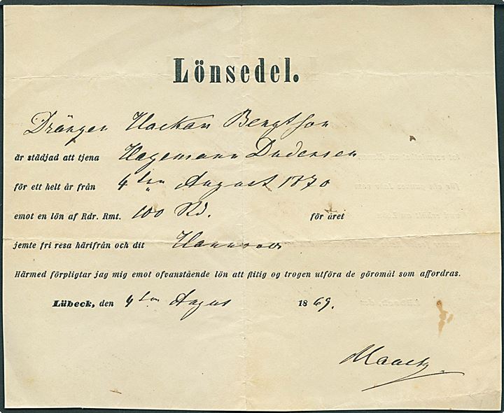 2-sproget (Tysk/svensk) Lönsedel dateret d. 4.8.1869. 