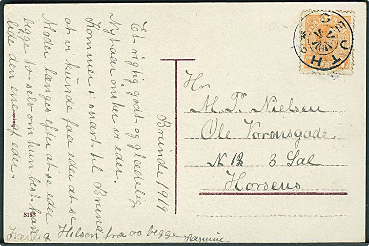 7 øre Chr. X på lokalt nytårskort fra Brunde 1919 annulleret med stjernestempel SEJTH til Horsens.