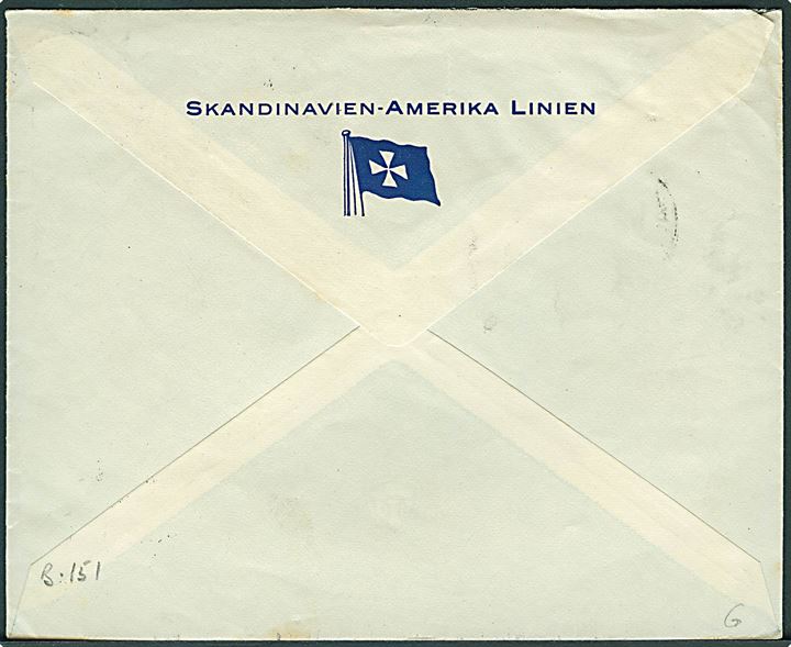 15 øre Chr. X 60 år på fortrykt kuvert fra Skandinavien-Amerika Linien annulleret med canadisk skibsstempel Paquebot Posted at Sea Halifax d. 22.5.1932 til København, Danmark.
