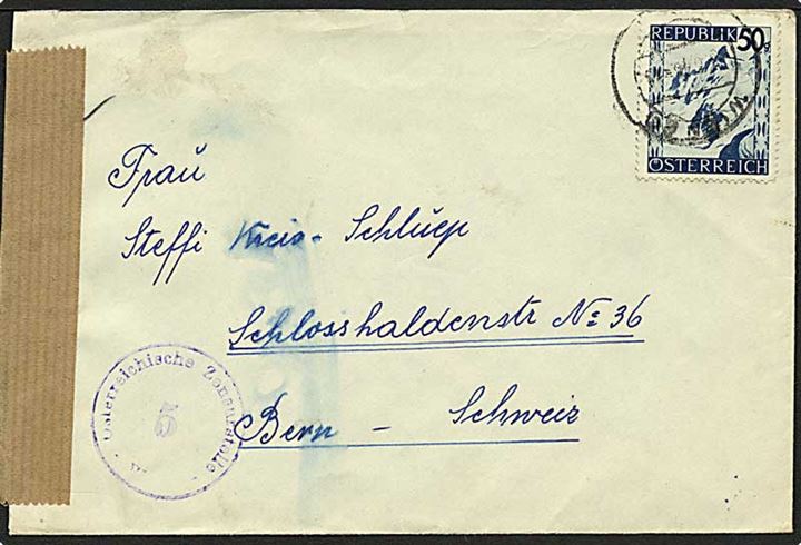 50 gr. Landskab single på brev fra Wien 1946 til Bern, Schweiz. Åbnet af østrigsk efterkrigscensur.