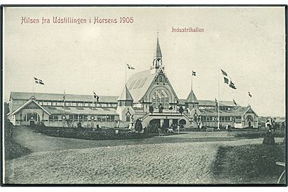 Hilsen fra Udstillingen i Horsens 1905 med Industrihallen. U/no. 