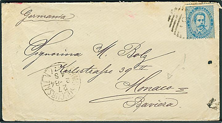 25 c. Umberto I single på brev fra Palermo d. 27.2.1884 til Monaco, Bayern, Tyskland.