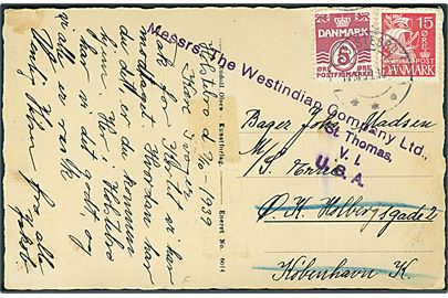 5 øre Bølgelinie og 15 øre Karavel på brevkort fra Holstebro d. 17.10.1939 til sømand ombord på M/S Errie via rederiet Ø. K. i København - eftersendt til St. Thomas, V. I., USA. Svag tape rest.