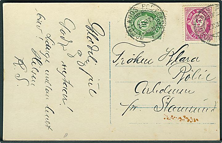 5 øre og 10 øre Posthorn på brevkort annulleret med sejlende bureaustempel Nordlands Posteksp. F. d. 23.12.1923 til Stamsund.