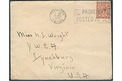 1½d George V på fortrykt Cunard line kuvert annulleret med skibsstempel Plymouth Devon / Paquebot Posted at Sea d. 9.7.1933 til Lynchburg, USA.