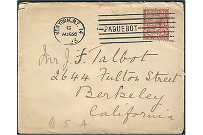 1½d George V på fortrykt kuvert fra Cunard lines annulleret med amerikansk skibsstempel New York / Paquebot d. 26.8.1923 til Berkely, USA.