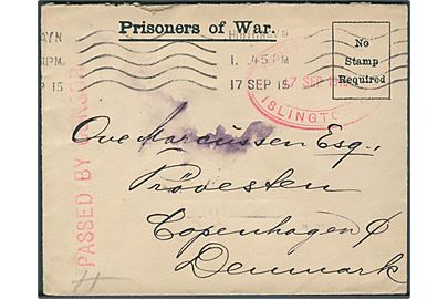 Ufrankeret fortrykt krigsfangebrev stemplet Holloway d. 17.9.1915 og sidestemplet Prisioner of War * Islington * d. 17.9.1915 til København, Danmark. Rødt censur stempel: Passed by Censor. Fra krigsfange Peter Gleerup, Internment Camp Upper Holloway, Cornwallis Rd Institute, London.