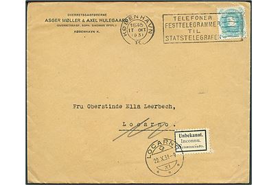 25 øre Chr. X 60 år single på brev fra København d. 17.10.1931 til Locarno, Schweiz. Retur med 3-sproget etiket Unbekannt..