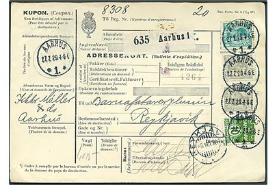 10 øre Bølgelinie, 50 øre (2) og 60 øre Chr. X på internationalt adressekort for pakke fra Aarhus d. 27.7.1929 til Reykjavik, Island. Ank.stemplet Reykjavik d. 5.8.1929.