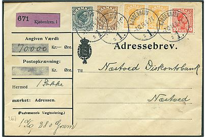 10 øre, 35 øre (par), 1 kr. og 2 kr. Chr. X på 380 øre frankeret adressebrev for værdipakke (70.000) kr. fra Kjøbenhavn d. 7.12.1916 til Næstved.