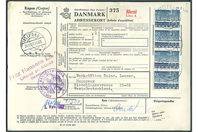 60 øre Selandia i lodret 4-stribe på internationalt adressekort for pakke fra Allerød d. 24.10.1962 via Flensburg til Hannover, Tyskland.