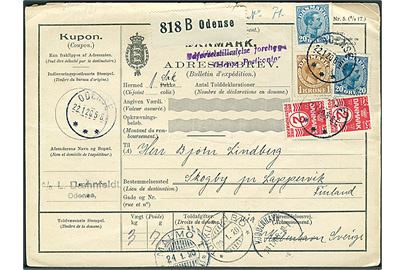 2 øre (par) Bølgelinie, 20 øre (2) og 1 kr. Chr. X på 1,44 kr. frankeret internationalt adressekort for pakke fra Odense d. 22.1.1920 via Kjøbenhavn, Malmö og Åbo til Lappervik, Finland. 