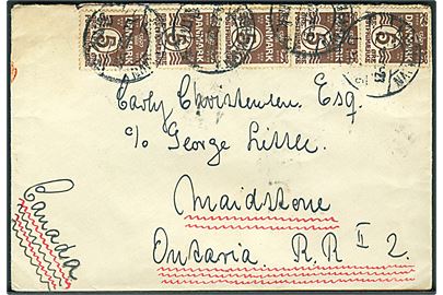 5 øre Bølgelinie (5) på brev annulleret med uldent stempel i København  d. 4.12.1930 til Maidstone, Canada. Et mærke med mgl. hjørne.