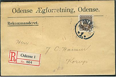 40 øre Genforening single på anbefalet brev fra Odense d. 12.2.1921 til Korup.