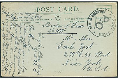 Ufrankeret fortrykt illustreret krigsfangepostkort fra Douglas Aliens Camp d. 22.4.1915 til New York, USA. Sort censurstempel: Post Free * P.C. * Prisoners of war.